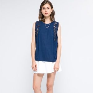 MANGO Navy Crochet Panel Sleeveless Oversized Tank XXS/XS Relaxed Boho NWT